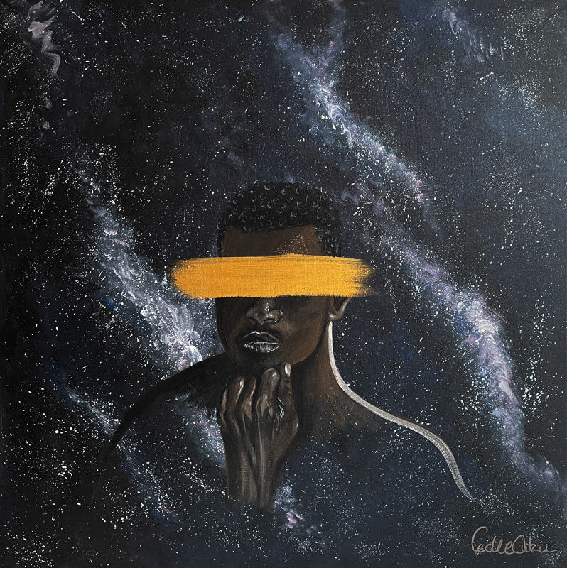 Lost in space er malet med akrylmaling i mørke farver med et strejf af guld