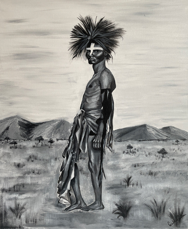 Man in the desert er malet med sort/hvid akrylmaling. Perfekt maleri til væggen i det moderne hjem