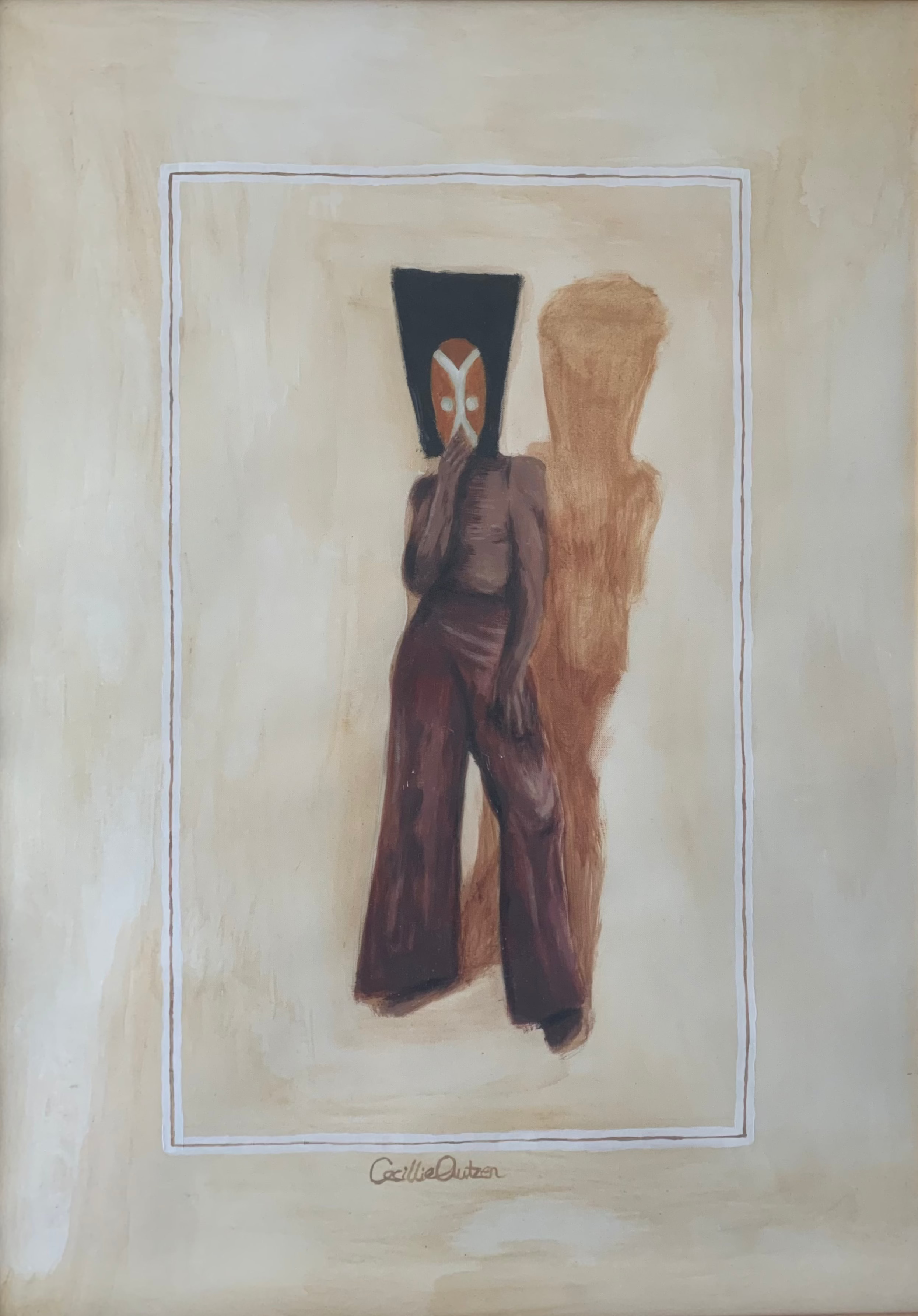 Masking er akrylmaling på kvalitetspapir. Ment til at sætte i ramme. Bruges som plakat i hjemmet.