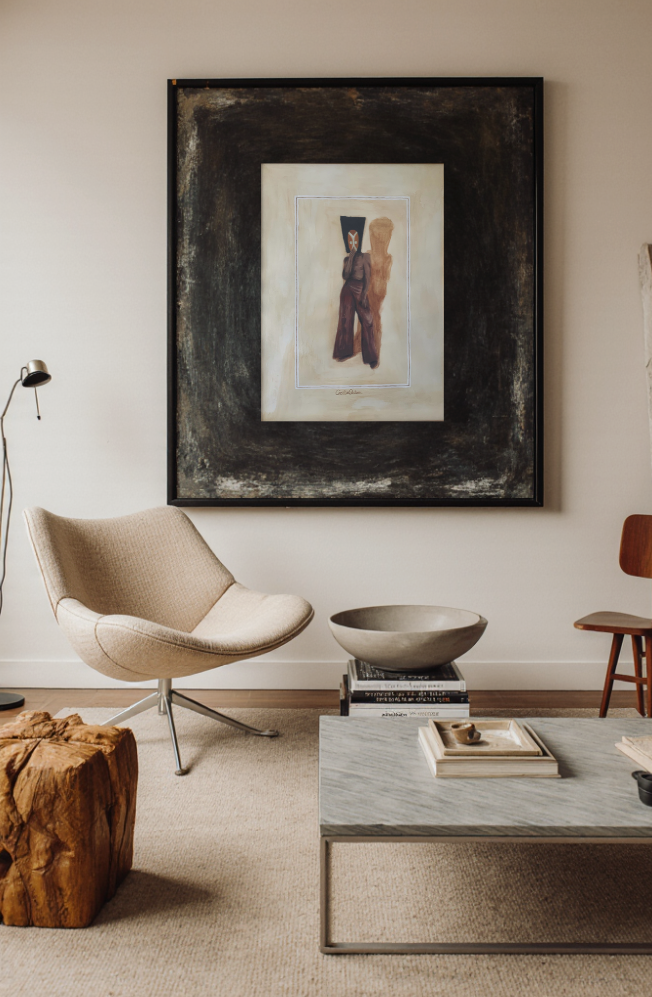 Masking er akrylmaling på kvalitetspapir. Ment til at sætte i ramme. Bruges som plakat i hjemmet.