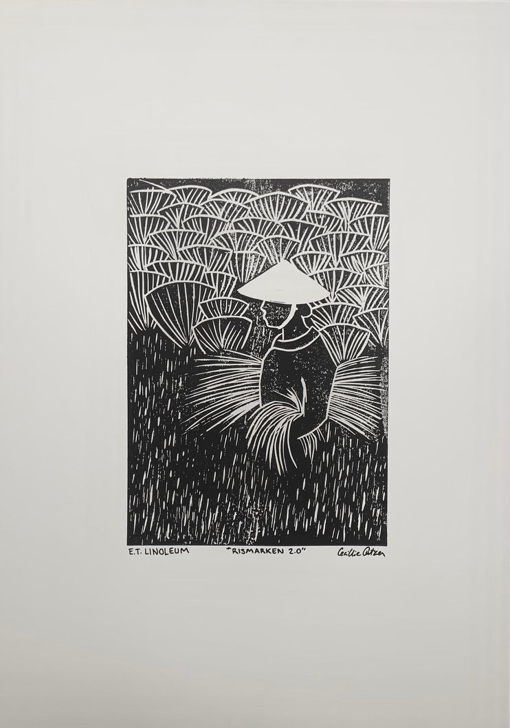Rismarken II er et linoleumstryk på kvalitetspapir. Sort/hvid farver.
