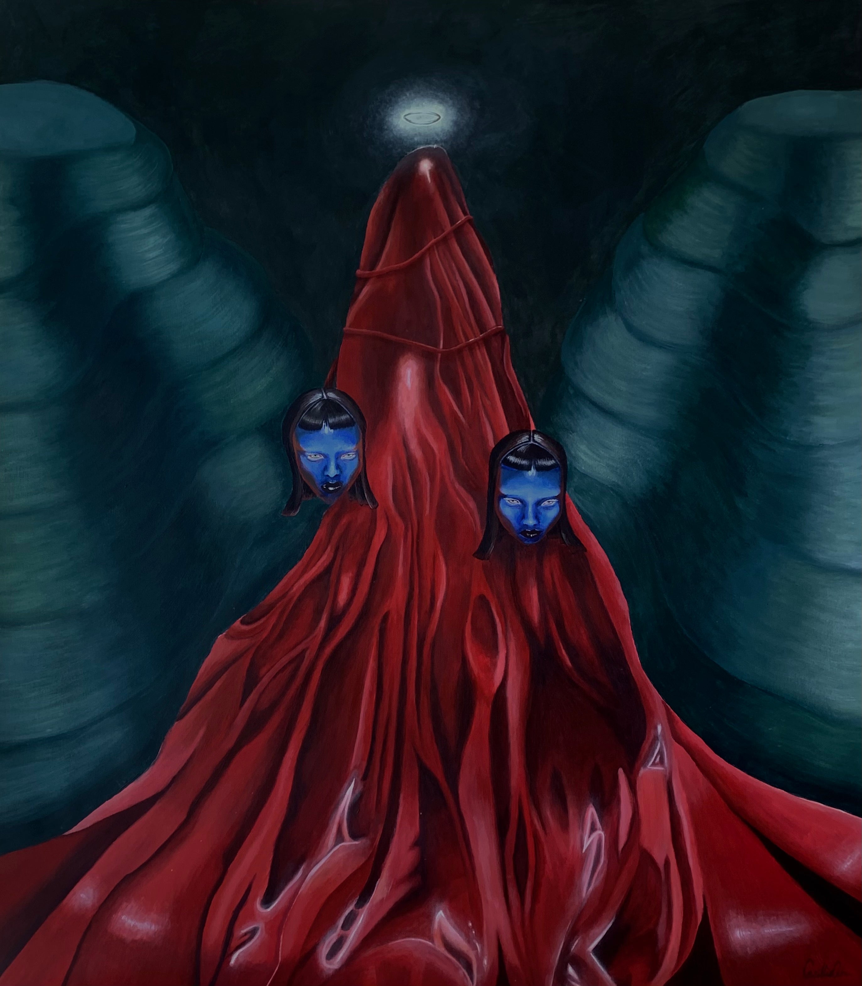 Weighting Faces er et mørkt akryl maleri på kvalitetspapir. Velegnet til ramme